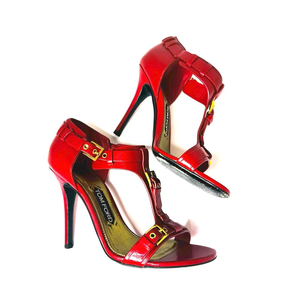 Tom Ford Red Leather Buckle T-Strap High Heel Sandals Size 37.5